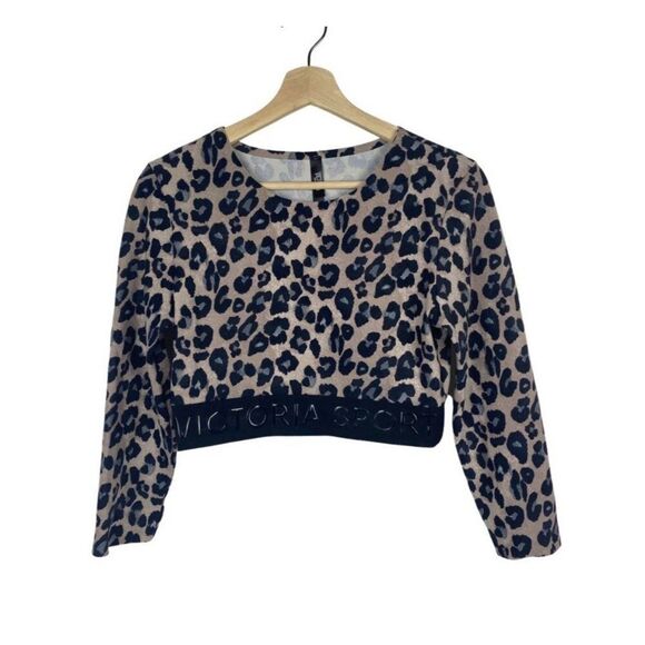 victoria's secret sport black beige leopard print crop long sleeve top Small - Picture 2 of 5